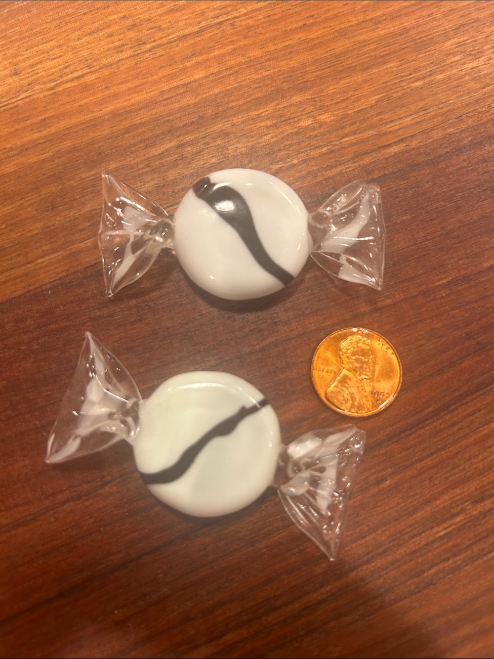 Murano White Glass Candy Pair with Black Swirl Accents
